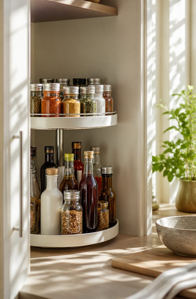 A two-tier turntable displaying condiments and spices in a pantry.
