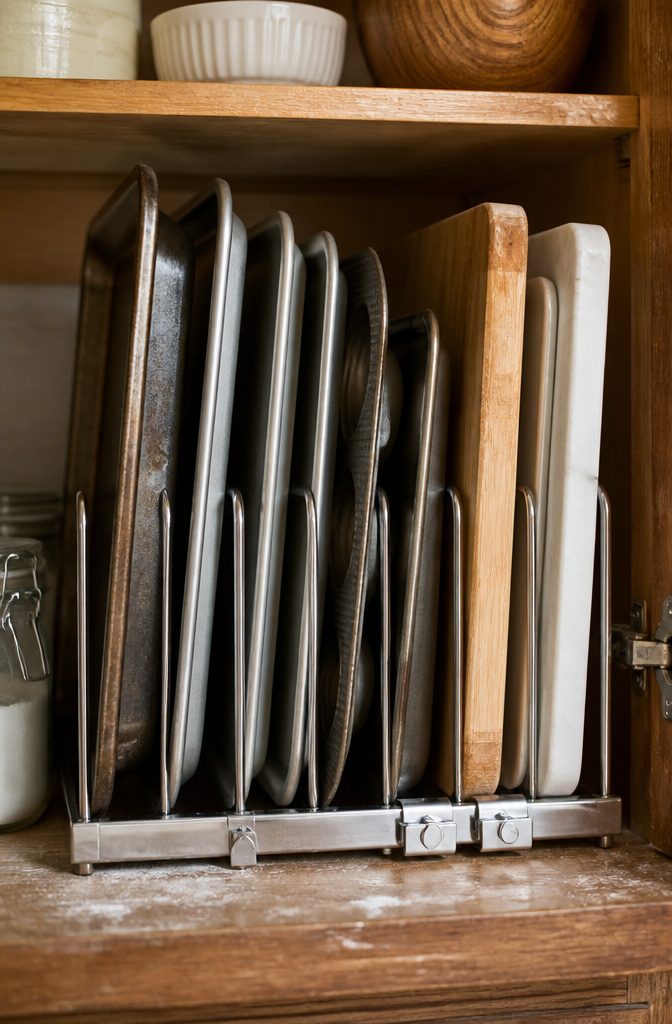 An extendable bakeware rack organizing kitchen equipment.