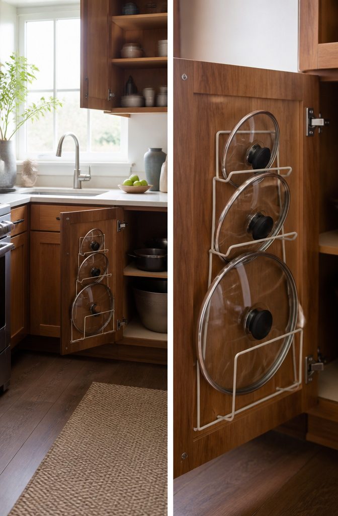 A cabinet door with a rack for storing lids and other items.