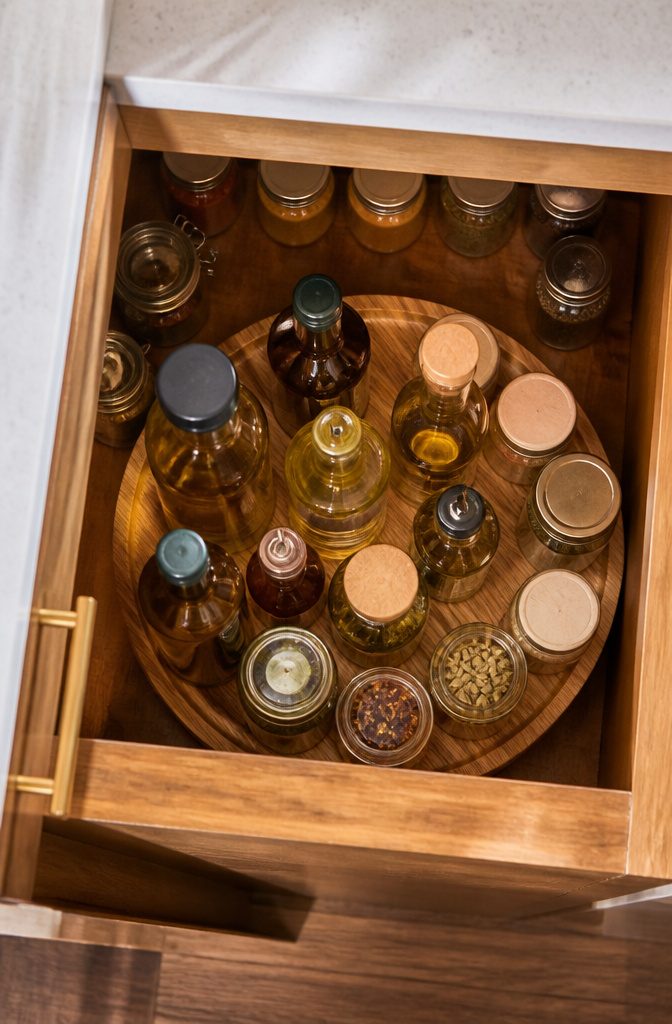 A spinning turntable in a corner cabinet storing items.