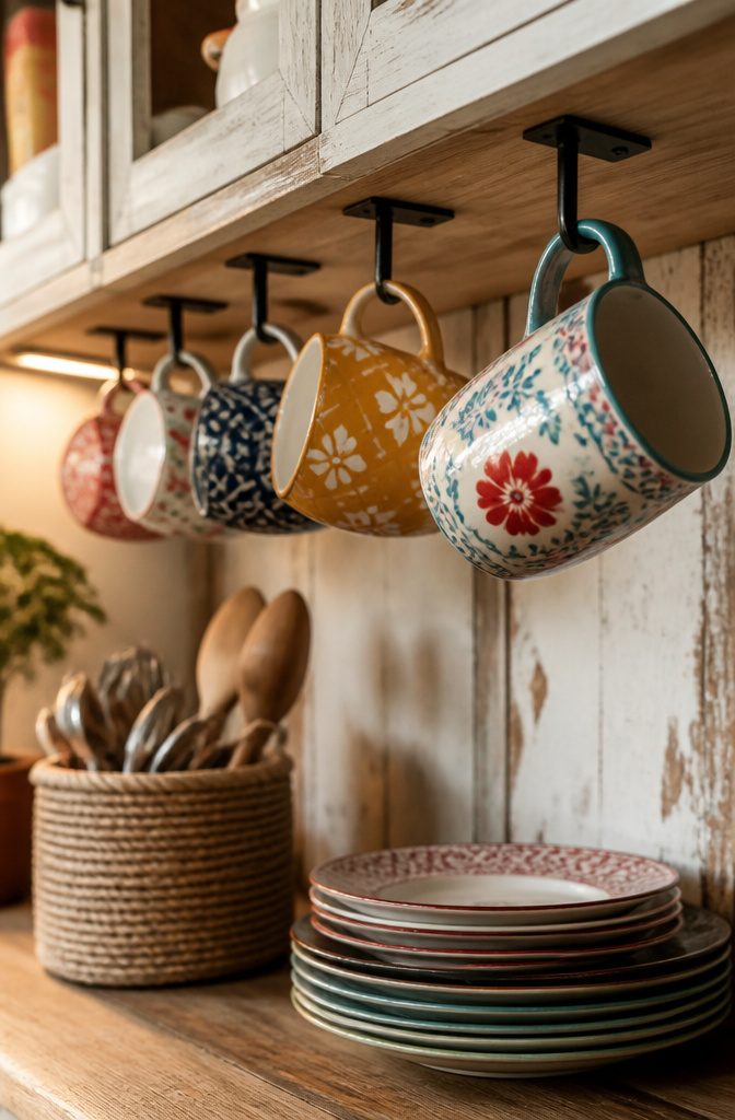 Mugs hanging from under-shelf hooks in a cabinet.