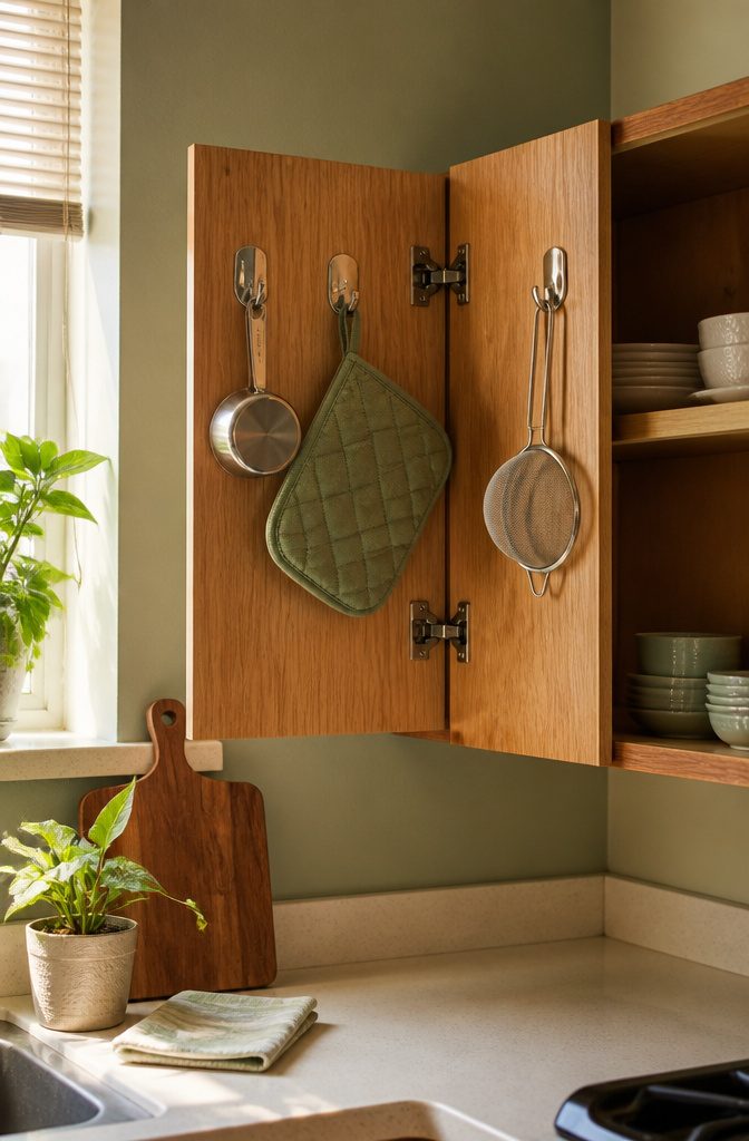 Cabinet doors with self-adhesive hooks holding measuring cups and a pot holder.