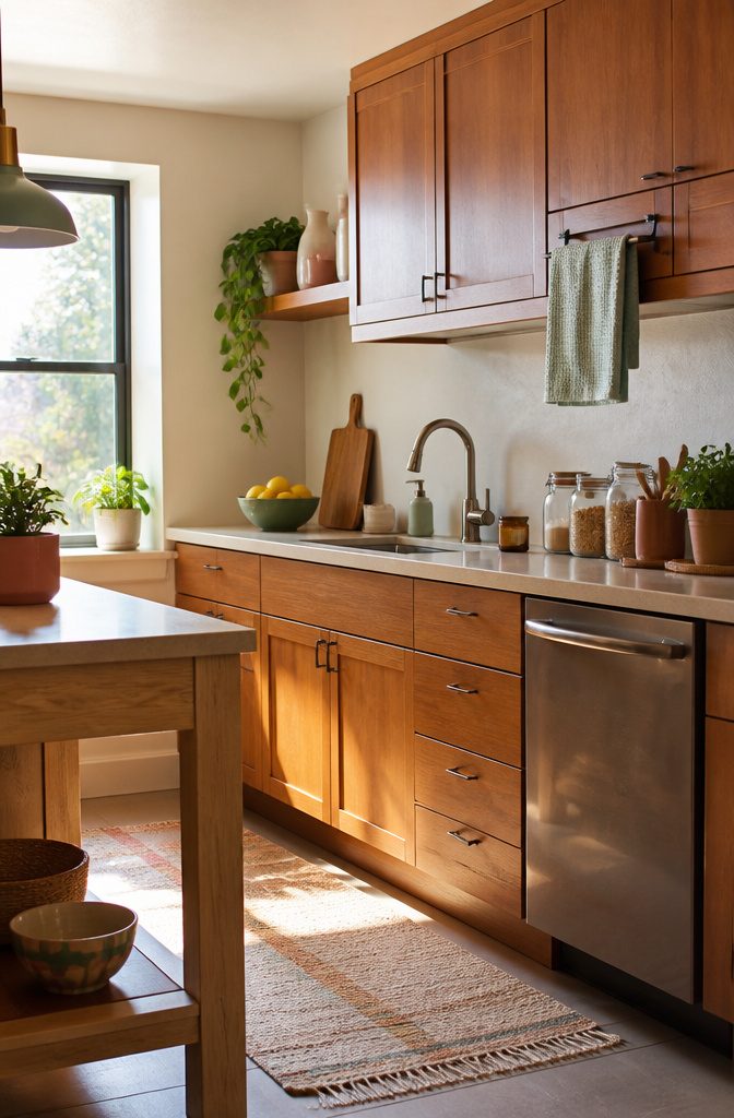 A towel bar mounted on the back of a cabinet door with a dish towel.