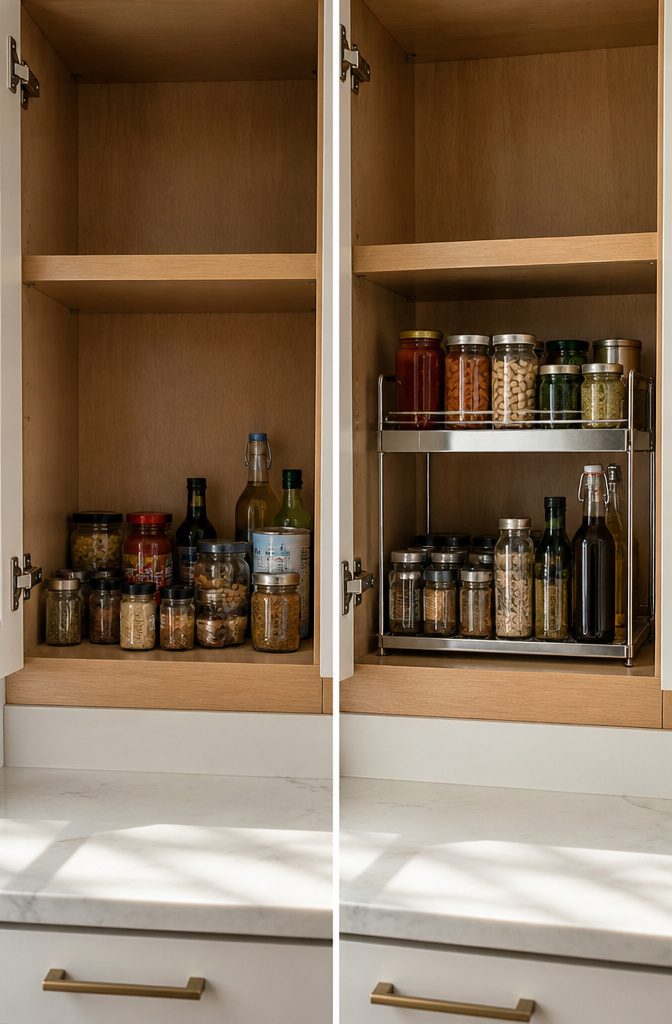 A tiered shelf inside a cabinet holding various items.