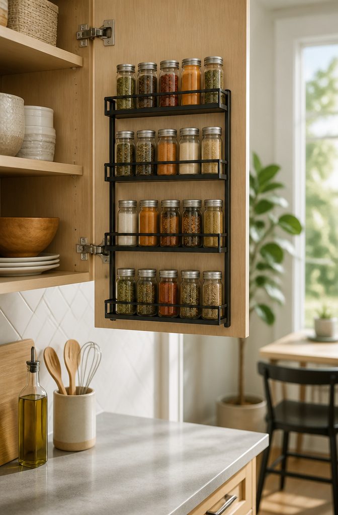 A spice rack displaying jars of spices inside a cabinet door.