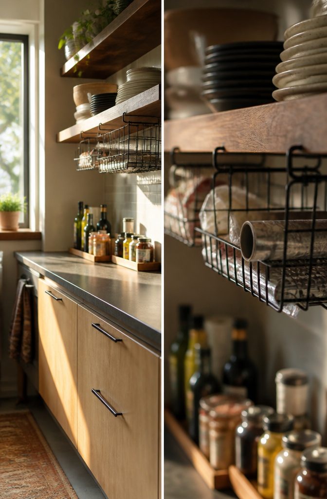 Wire baskets clipped under a shelf holding various kitchen items.