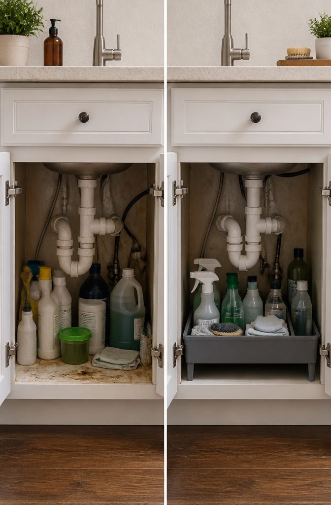 Under-sink storage with organizers designed to handle plumbing.