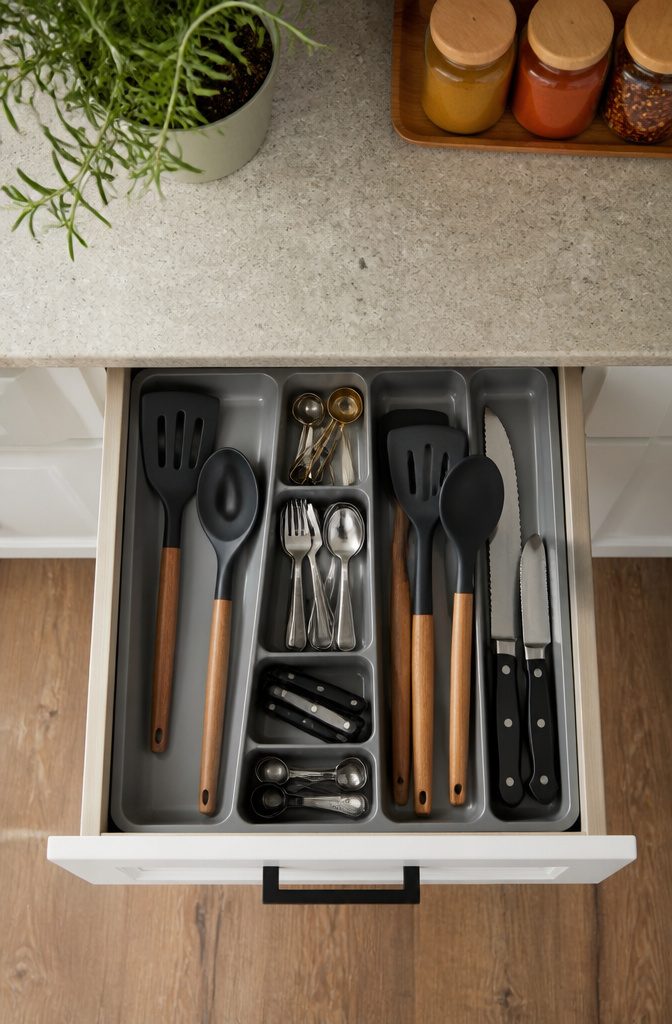 A spring-loaded utensil organizer in a kitchen drawer.