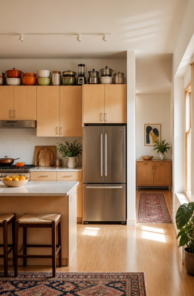 Items stored on top of kitchen cabinets, utilizing vertical space.