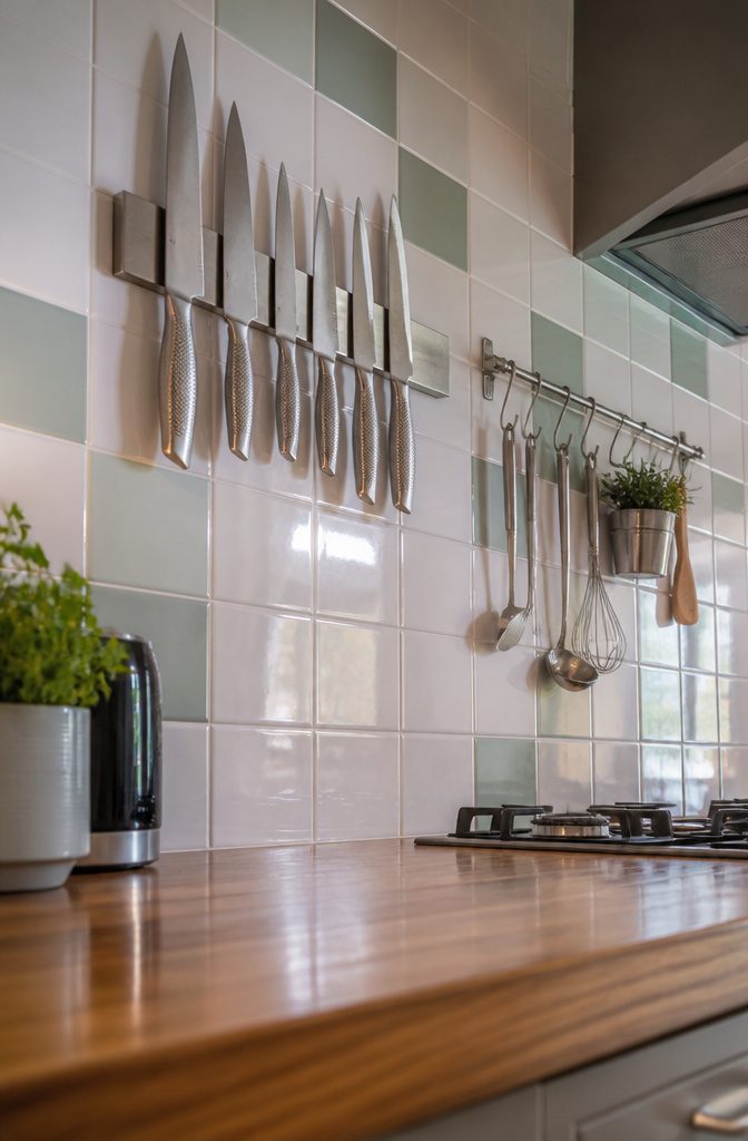 A magnetic knife bar mounted on a wall holding kitchen knives.