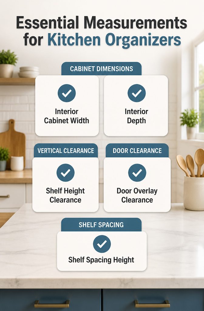 A visual guide showing essential measurements for kitchen organizers.
