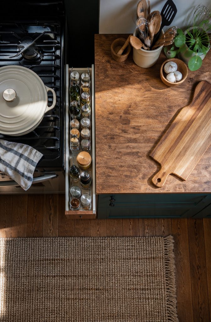 A kitchen layout showing organized zones for cooking tools and ingredients.