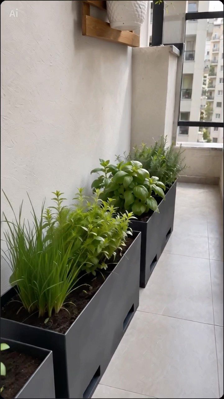 Green herbs growing in dark grey rectangular planters along a narrow apartment balcony.