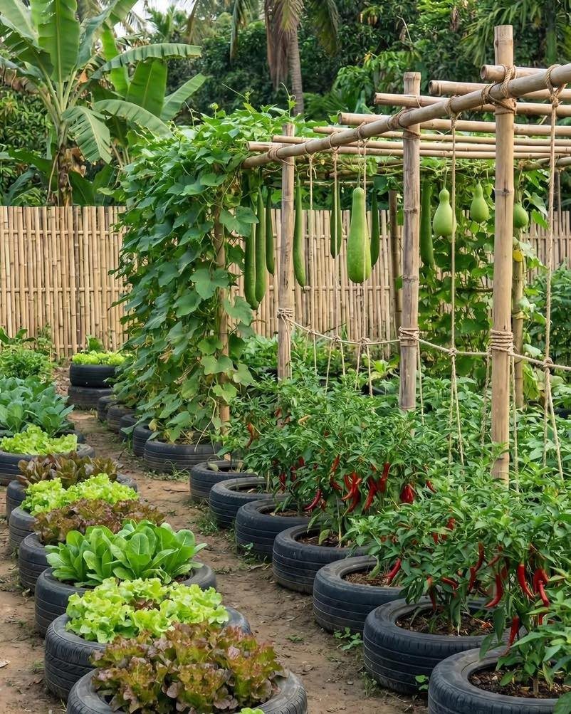 20 Backyard Gardening Inspiration Ideas for Every Outdoor Space 10 Climbing cucumber vines grow on a bamboo trellis above plants in tire planters.