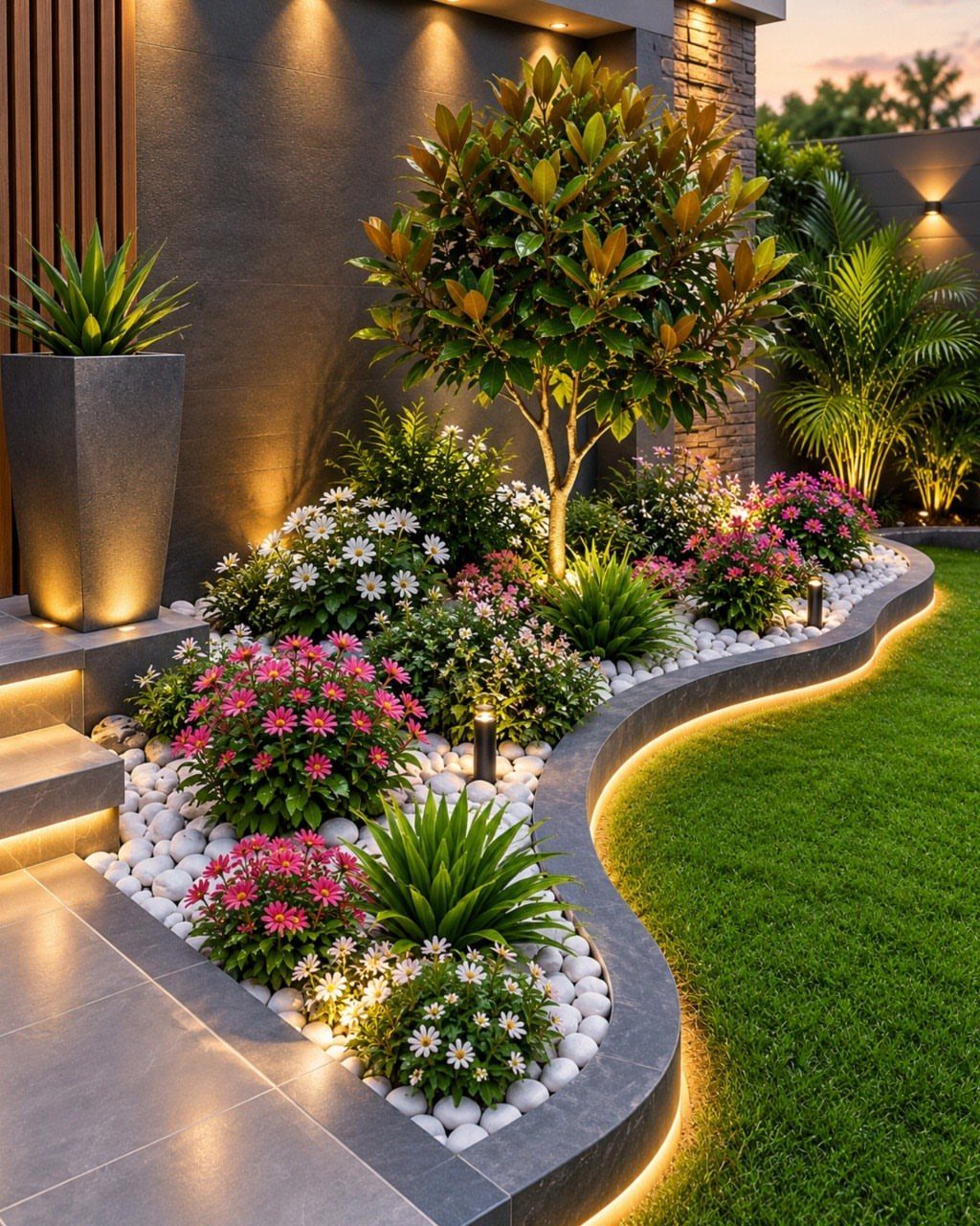20 Backyard Gardening Inspiration Ideas for Every Outdoor Space 11 A curved stone garden bed with white pebbles, colorful flowers, and integrated LED lighting.