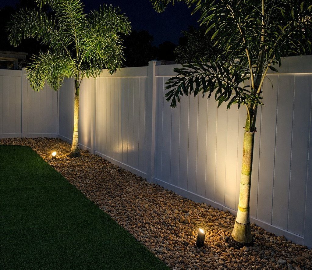 20 Backyard Gardening Inspiration Ideas for Every Outdoor Space 7 Two palm trees illuminated by small ground lights along a white fence at night.