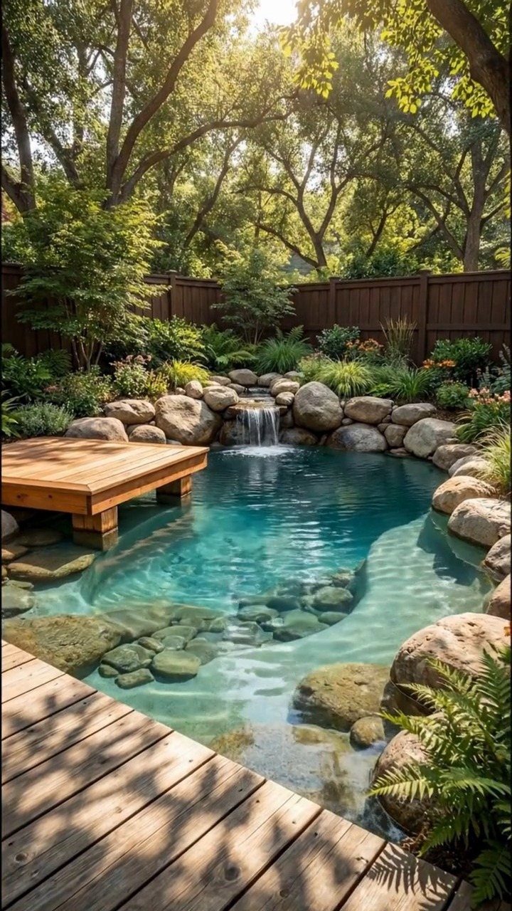 20 Backyard Gardening Inspiration Ideas for Every Outdoor Space 9 A natural swimming pool with clear blue water, surrounded by rocks, ferns, and lush greenery.