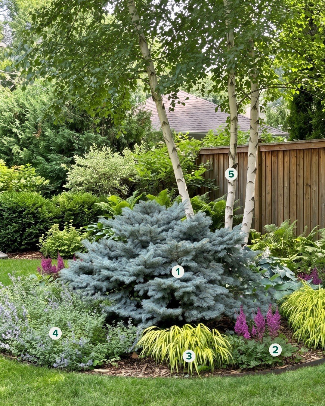 20 Backyard Gardening Inspiration Ideas for Every Outdoor Space 18 Birch trees and blue spruce shrub surrounded by colorful perennials in a lush garden bed.