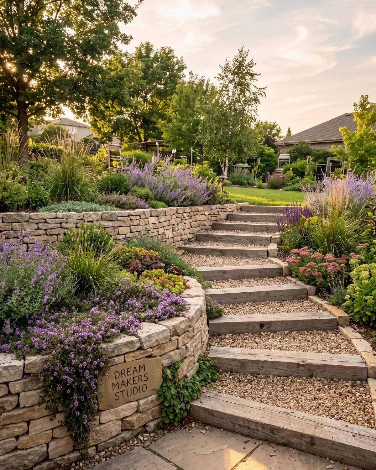 20 Backyard Gardening Inspiration Ideas for Every Outdoor Space 12 Tiered stone retaining walls and wooden sleeper steps winding through a lush, flowering sloped garden.