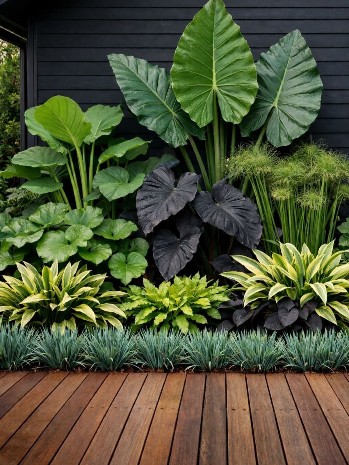 20 Backyard Gardening Inspiration Ideas for Every Outdoor Space 13 Large tropical elephant ear leaves and hostas planted against a dark wall behind a wooden deck.