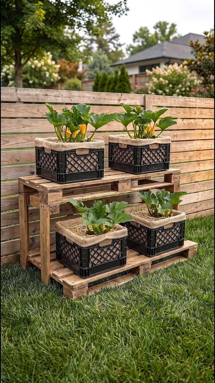 20 Backyard Gardening Inspiration Ideas for Every Outdoor Space 2 Four black crates containing green plants arranged on a wooden pallet in a grassy backyard.