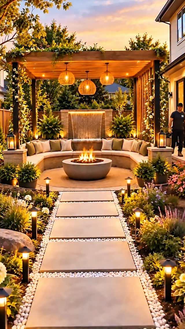 21 Backyard Landscape Design Ideas for Outdoor Living 7 A circular stone fire pit with a glowing flame sits under a wooden pergola in a landscaped backyard.