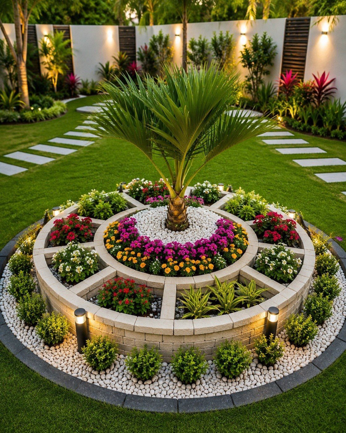 21 Backyard Landscape Design Ideas for Outdoor Living 3 A circular tiered stone garden bed filled with colorful flowers and a central palm tree.