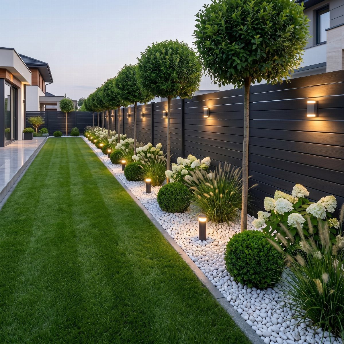 21 Backyard Landscape Design Ideas for Outdoor Living 6 Manicured backyard with green lawn, white pebbles, flowering shrubs, and topiary trees against a dark fence.