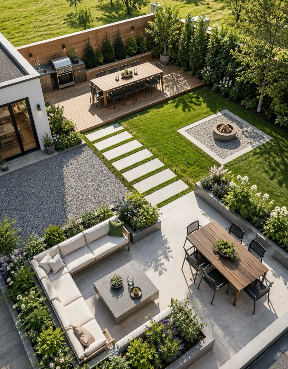 21 Backyard Landscape Design Ideas for Outdoor Living 13 Modern backyard landscape with stone patio, wooden deck, green lawn, and contemporary outdoor furniture.