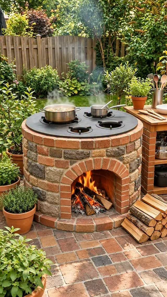 21 Backyard Landscape Design Ideas for Outdoor Living 1 A brick outdoor cooking station with steaming pots on a stovetop above a wood fire.