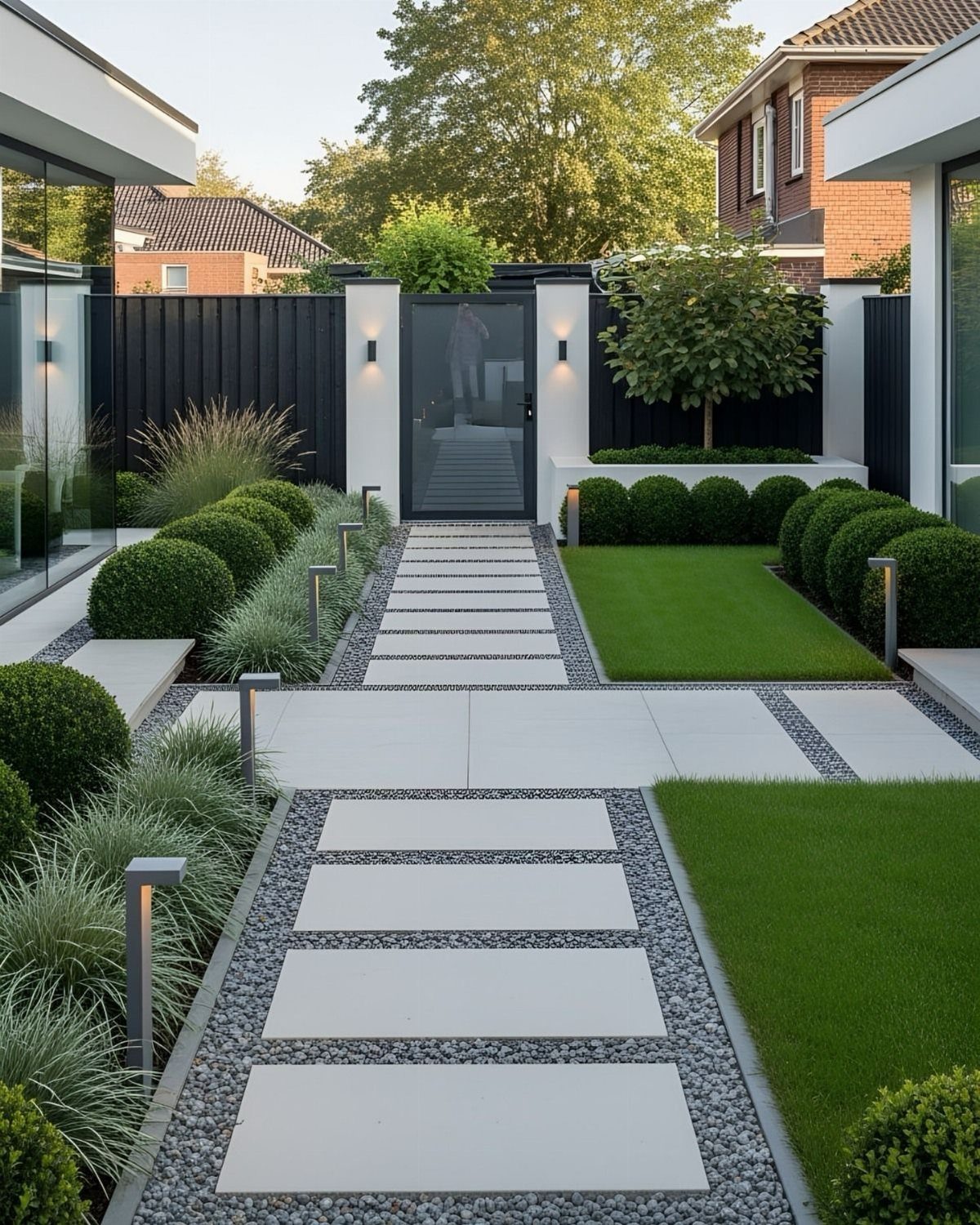 21 Backyard Landscape Design Ideas for Outdoor Living 9 Rectangular light gray pavers set in dark gravel create a modern pathway through a manicured garden.