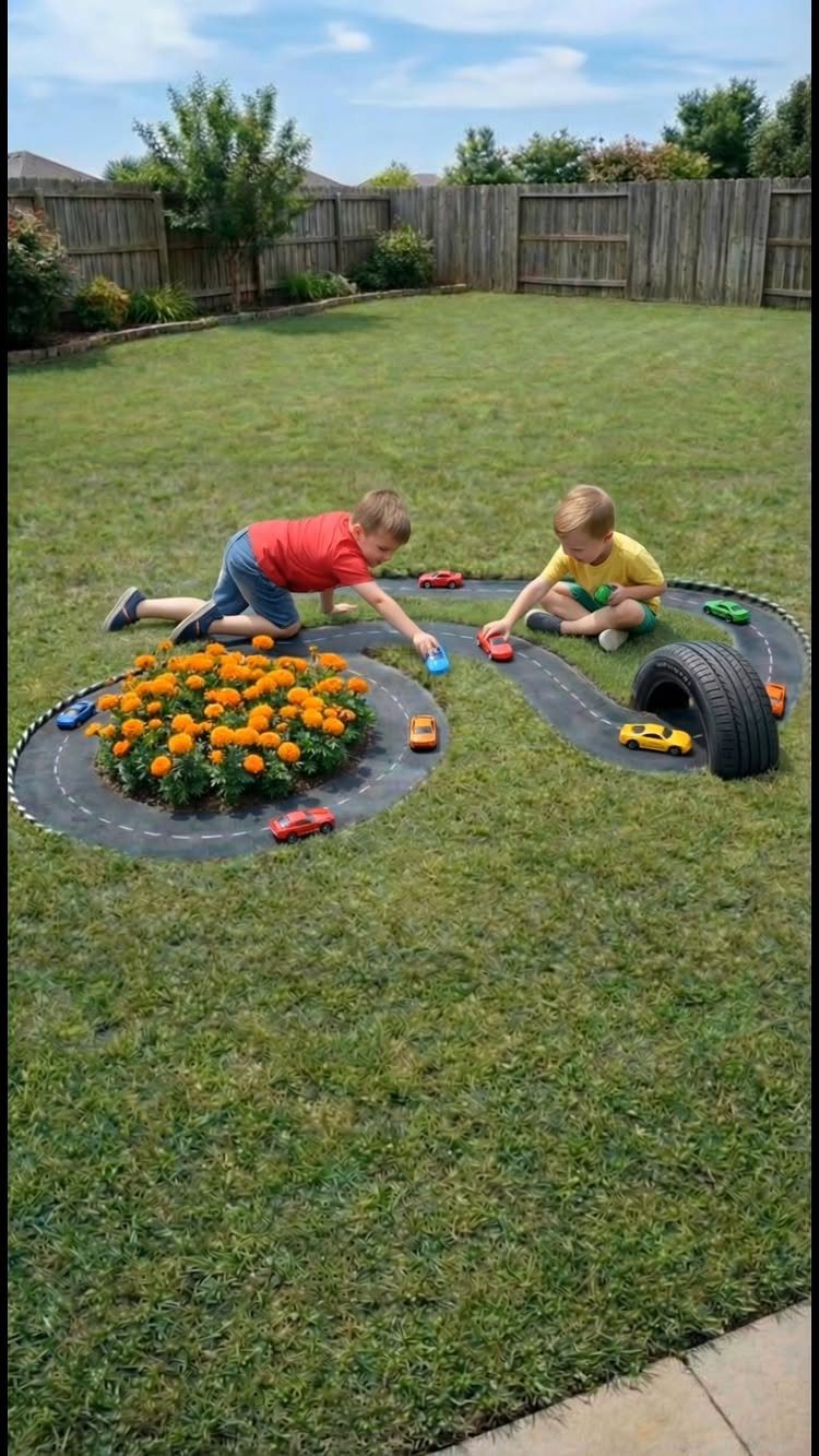 21 Backyard Landscape Design Ideas for Outdoor Living 15 Two children playing with toy cars on a black track in a grassy backyard.