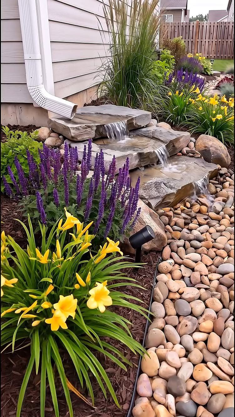 21 Backyard Landscape Design Ideas for Outdoor Living 14 Water flows from a white downspout over flat stones into a river rock garden bed.