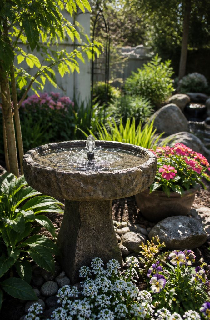 13 Backyard Landscape Ideas on a Budget That Actually Work 14 Stone-effect birdbath with a solar fountain surrounded by greenery.