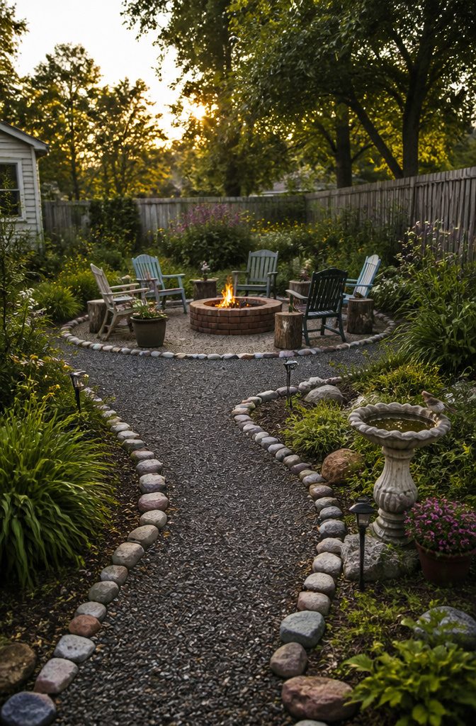 13 Backyard Landscape Ideas on a Budget That Actually Work 4 Fire pit kit surrounded by chairs and gravel in a backyard.