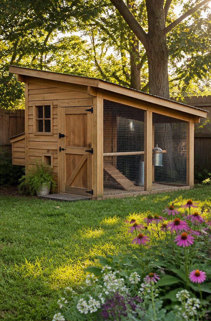 13 Backyard Landscape Ideas on a Budget That Actually Work 17 Simple chicken coop made from wood in a well-kept backyard.