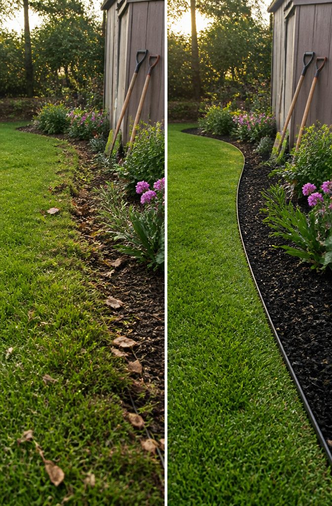 13 Backyard Landscape Ideas on a Budget That Actually Work 8 Neatly edged garden beds and freshly mowed grass in a yard.