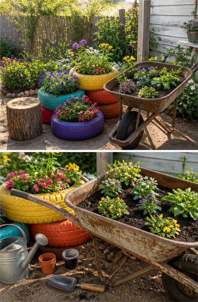 13 Backyard Landscape Ideas on a Budget That Actually Work 7 Stacked and painted tires used as planters for flowers.