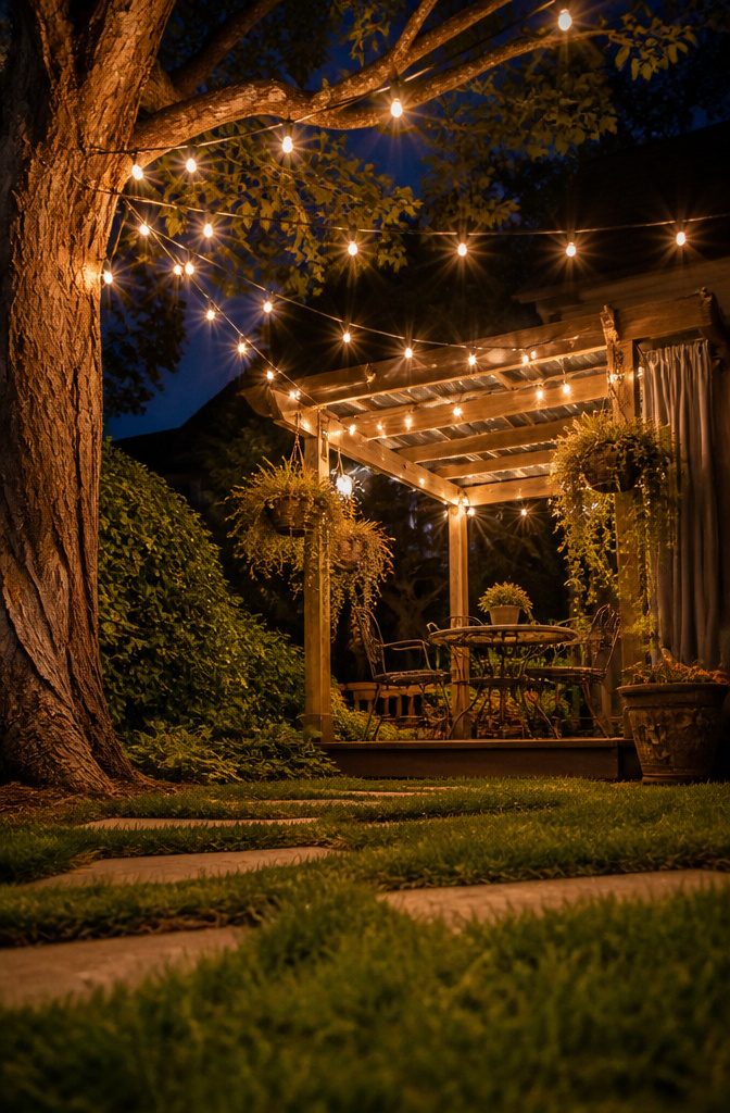 13 Backyard Landscape Ideas on a Budget That Actually Work 9 String lights hung between trees and posts illuminate the outdoor space.