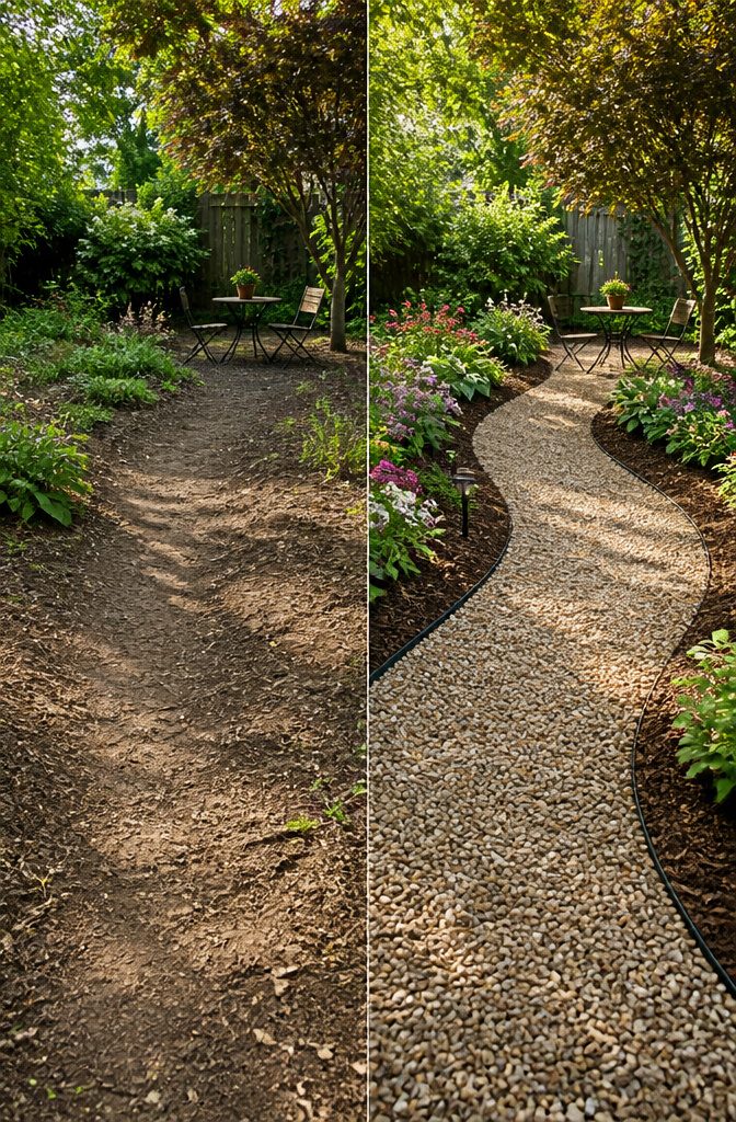 13 Backyard Landscape Ideas on a Budget That Actually Work 6 Gravel path surrounded by greenery and plants in a backyard.