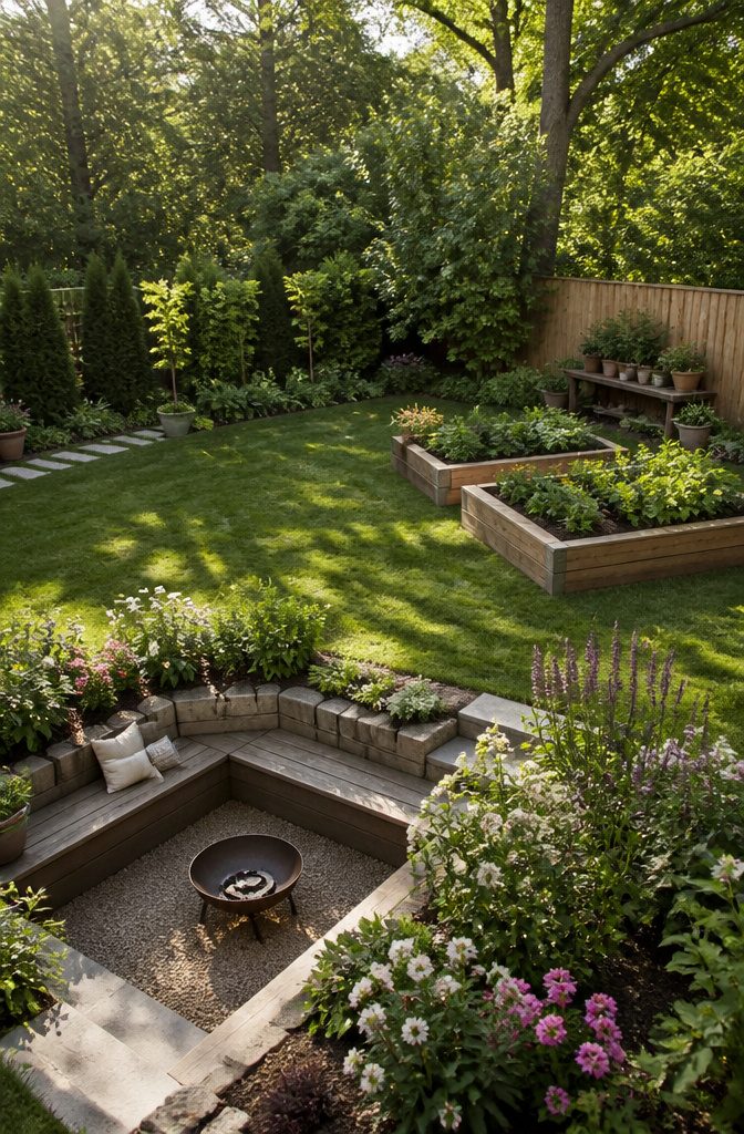13 Backyard Landscape Ideas on a Budget That Actually Work 2 Mounded earth and chairs in a sunken area enhance the landscape.