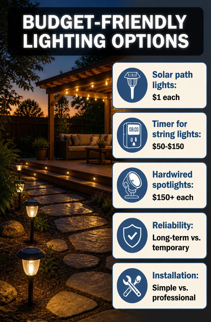 13 Backyard Landscape Ideas on a Budget That Actually Work 19 Solar path lights installed along a garden pathway.