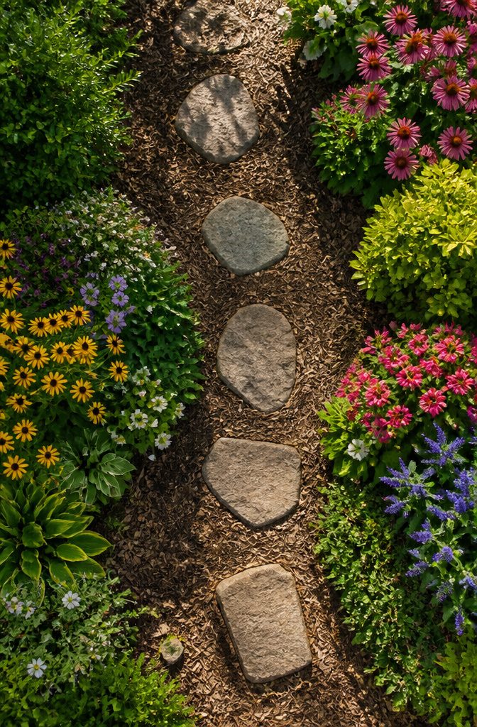 13 Backyard Landscape Ideas on a Budget That Actually Work 15 Stepping stones or mulch defining a garden path.