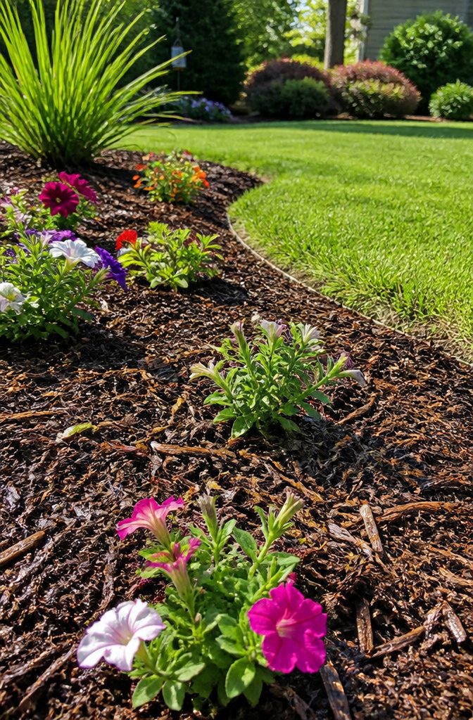 13 Backyard Landscape Ideas on a Budget That Actually Work 13 Garden bed topped with shredded bark mulch and colorful flowers.