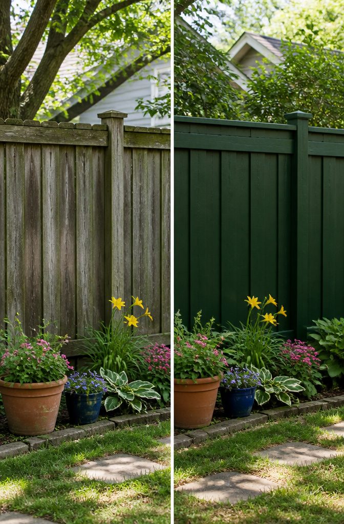 13 Backyard Landscape Ideas on a Budget That Actually Work 16 Freshly painted wooden fence in a backyard setting.