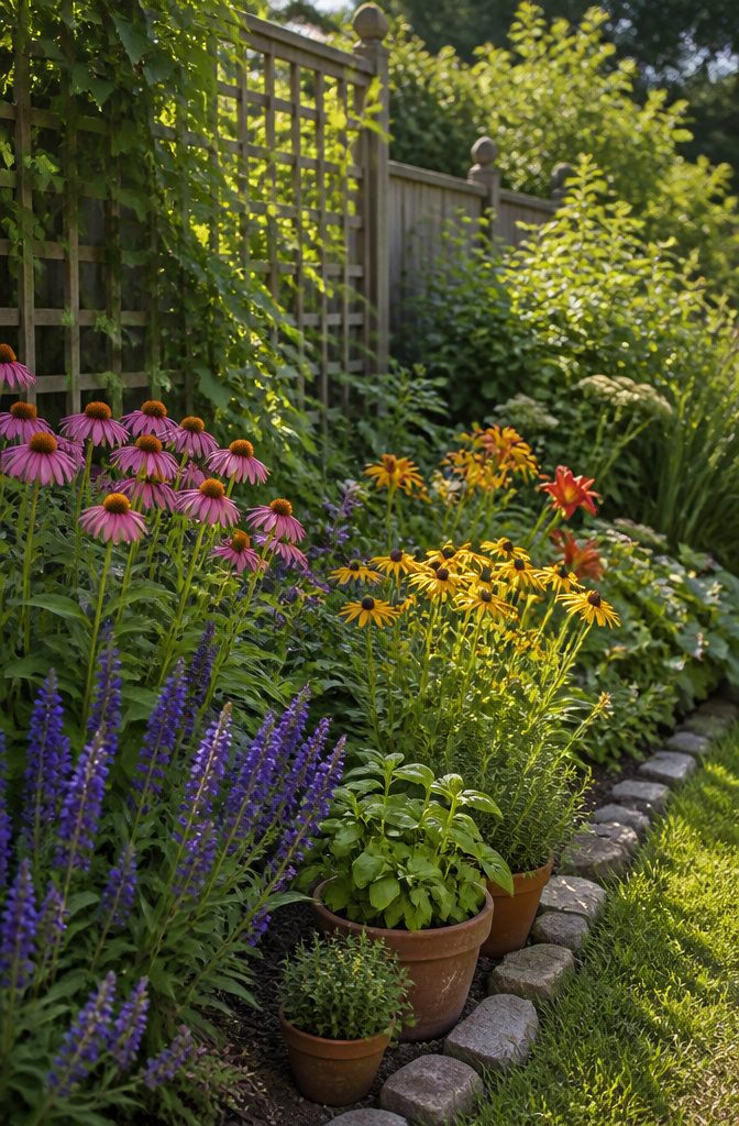 13 Backyard Landscape Ideas on a Budget That Actually Work 3 Vibrant perennials and herbs growing in a well-established garden bed.