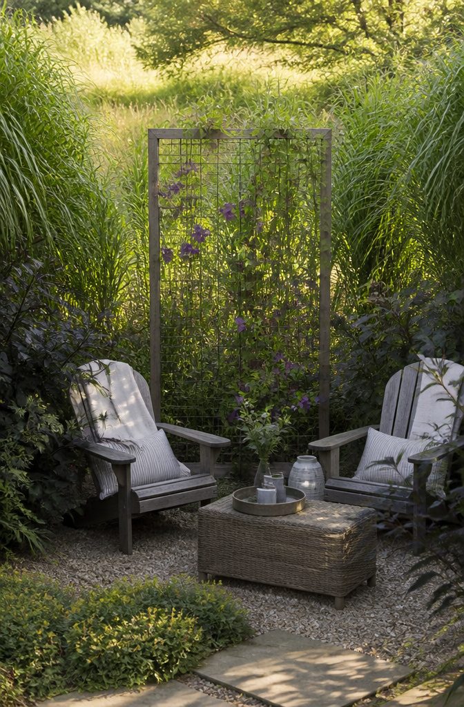 13 Backyard Landscape Ideas on a Budget That Actually Work 5 Dense switchgrass and climbing clematis form an inviting enclosure.