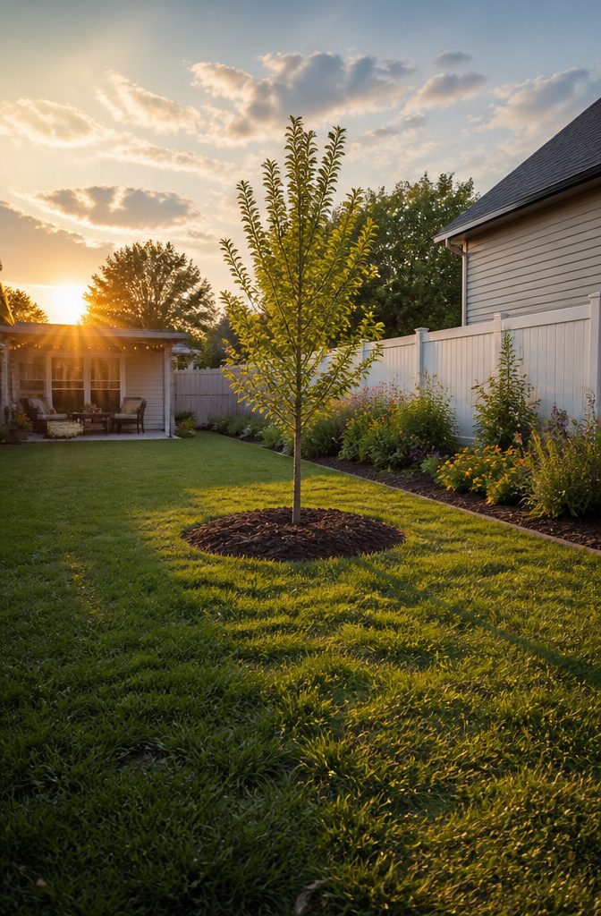 13 Backyard Landscape Ideas on a Budget That Actually Work 12 Small tree under six feet providing shade in a backyard.