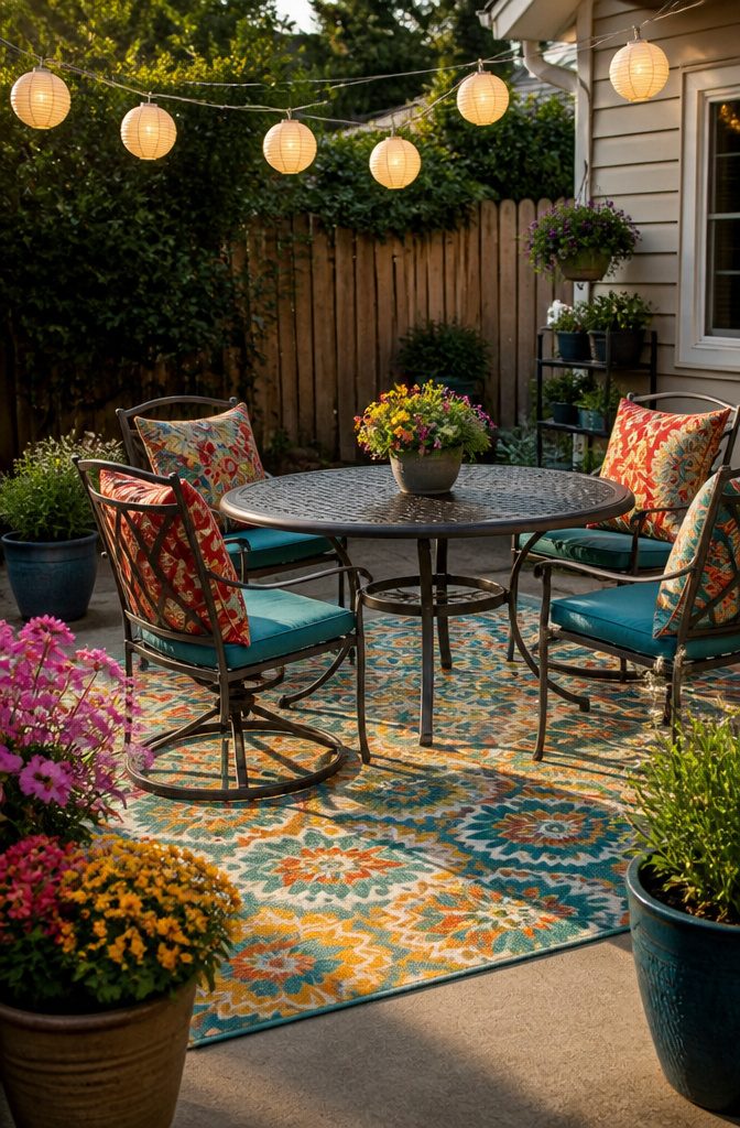 13 Backyard Landscape Ideas on a Budget That Actually Work 11 Colorful patio accessories including cushions and a rug enhance the space.