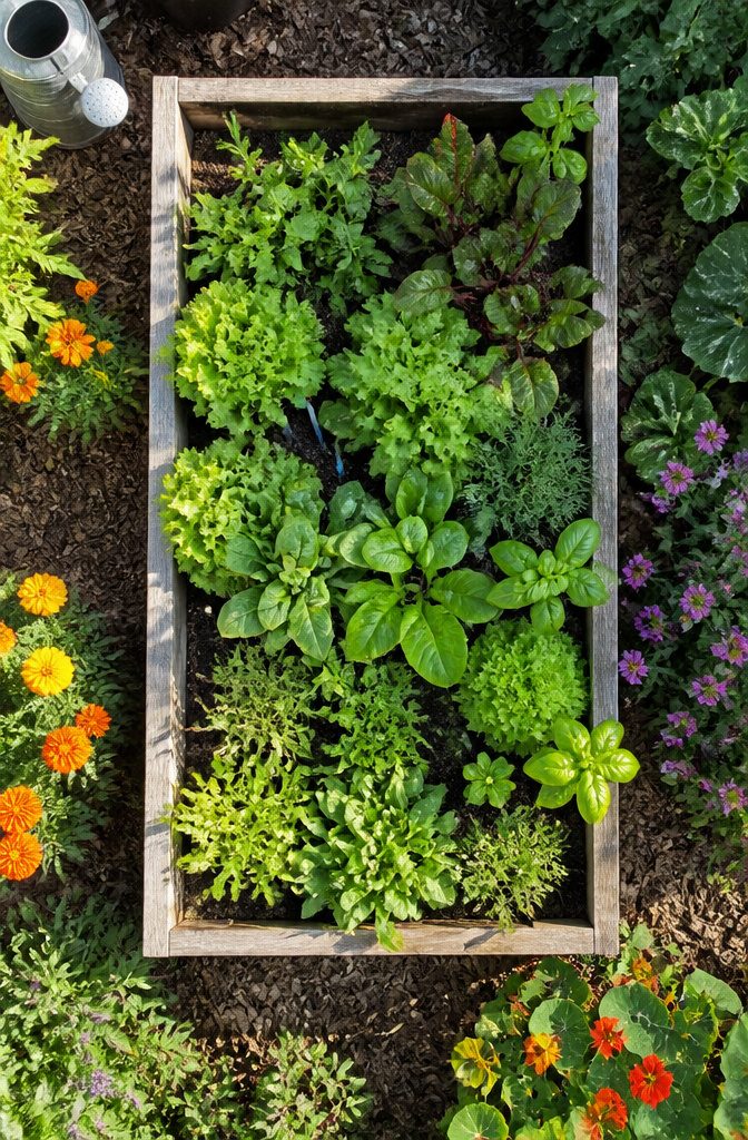 13 Backyard Landscape Ideas on a Budget That Actually Work 18 Raised garden beds filled with leafy greens and herbs.